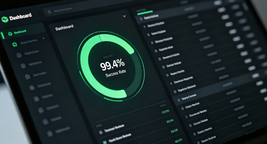 A digital dashboard showing a 99.9% response accuracy rate for a smart pick-to-light asset management system.