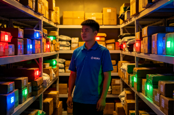Workers at a parcel delivery station picking packages effortlessly using multi-color light indicators for rapid sorting and zero-training onboarding.