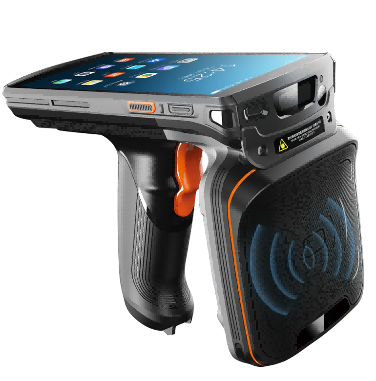 RFID handheld reader scanning apparel items for bulk inventory count