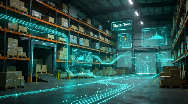 A digital twin visualization of warehouse inventory movement through integrated RFID tracking.