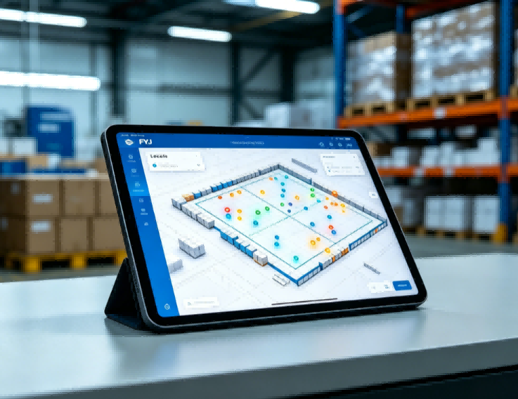  FYJ SaaS dashboard showing the digital map and status of all active Sound and Light tags in the warehouse.
