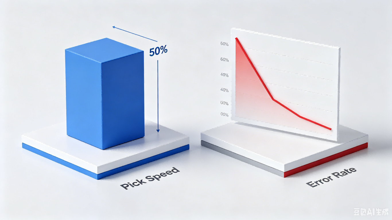 An infographic showing the 50% labor savings and 99.9% picking accuracy achieved with FYJ WMS solutions.