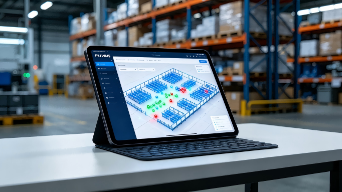  A modern SaaS dashboard showing the real-time warehouse map and tag status of the FYJ WMS solution.