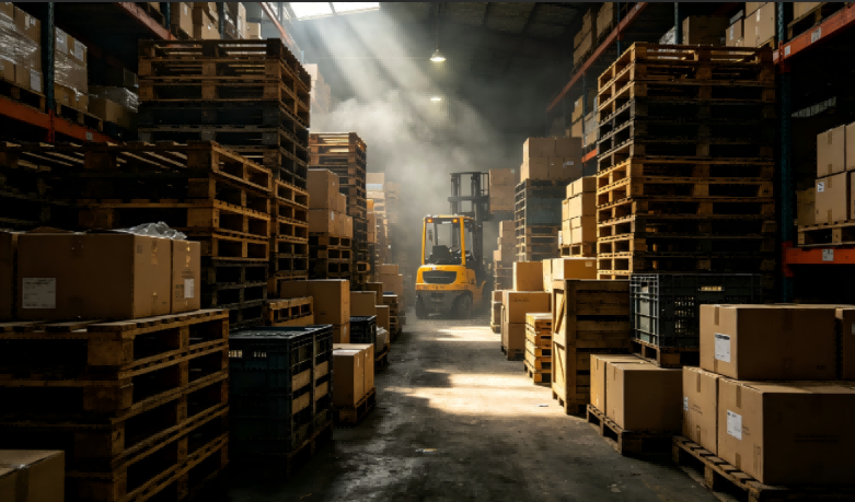 A busy congested 3PL warehouse with stacked pallets and forklift operators showing warehouse capacity constraints.