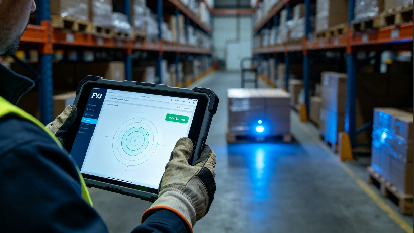 A warehouse operator using FYJ WMS mobile app on a tablet to trigger sound and light locator tags on pallets.
