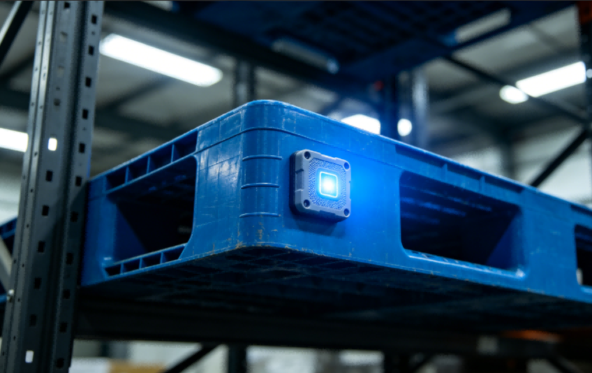 Industrial blue plastic pallet fitted with a rugged BLE active tag featuring LED flashing indicator in a warehouse rack