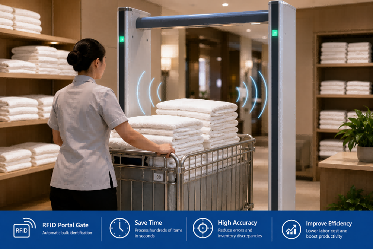 FID linen tracking system showing portal gate scanning, RFID tags, PDA inventory counting, and real-time linen management software for hotels and commercial laundries.
