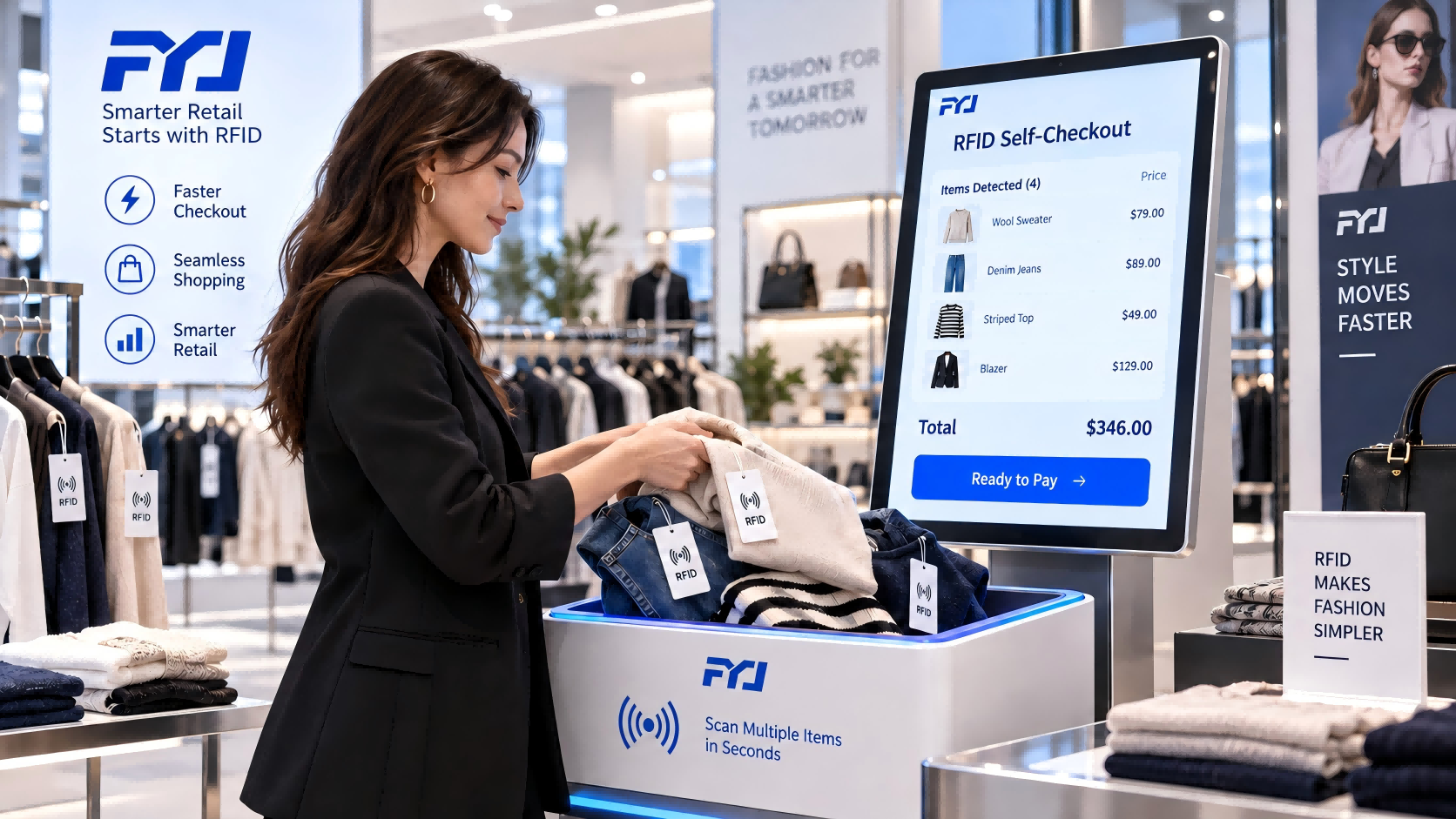 RFID Self-Checkout for Fashion Retail Customer using an RFID self-checkout station to identify multiple tagged clothing items and complete checkout faster